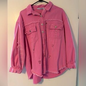 Miss Guided Pink Distressed Denim Shacket